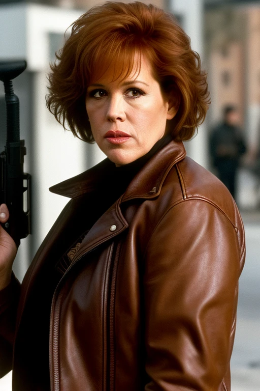 Fifty-six-year-old Molly Ringwald, frowning, wearing brown leather jacket and jeans, wielding a pump-action shotgun, extremely realistic, extremely detailed, extreme realism, extreme detail, extremely accurate resemblance, cinematic, Cannon Films vibes, urban setting, vigilante, realistic gun design, Death Wish vibes, 12-gauge shotgun, poster for action film