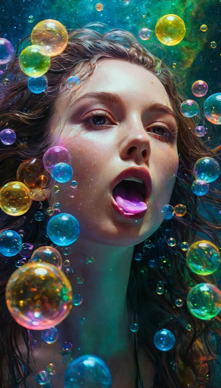 female alien Alyssa Monks, Beautiful, Blowing lots of bubbles out of her mouth, looks like lots of galaxy star nebula inside many glass a balls Neon, Colorful, Bioluminescent, Hyperdetailed, Detailed, Entangled, Entangled, Whimsical, Fantasy Art, Colorful, Complex, Behance Hd artstation, sharp focus, studio photo, intricate details, highly detailed, by greg rutkowski, outer space, vanishing point, super highway, high speed, digital render, digital painting, beeple, noah bradley, cyril roland, ross tran, trending on artstation