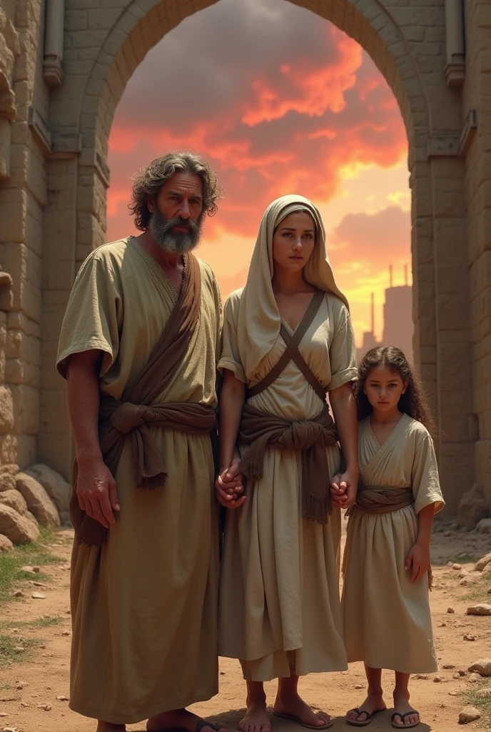 {
"prompt": "The image depicts Lot's family as described in the Bible, set in the ancient city of Sodom. Lot is a middle-aged man, with a worried expression, wearing simple period clothes, made of linen in earthy tones. Next to Lot, is his wife, a woman with a tense look, wearing a long, modest robe, with hair partially covered. She has a rigid posture, indicating his hesitation to leave the city. His two young daughters, who are close to 20 years old, have an expression of fear and uncertainty. They are holding their parents' hands, wearing simple long dresses, with loose hair. The family is positioned in front of the gates of Sodom, as the sky in the background begins to turn red and gray, indicating imminent destruction. The atmosphere is charged with tension and urgency, highlighting the crucial moment when the family must leave to save themselves."
}