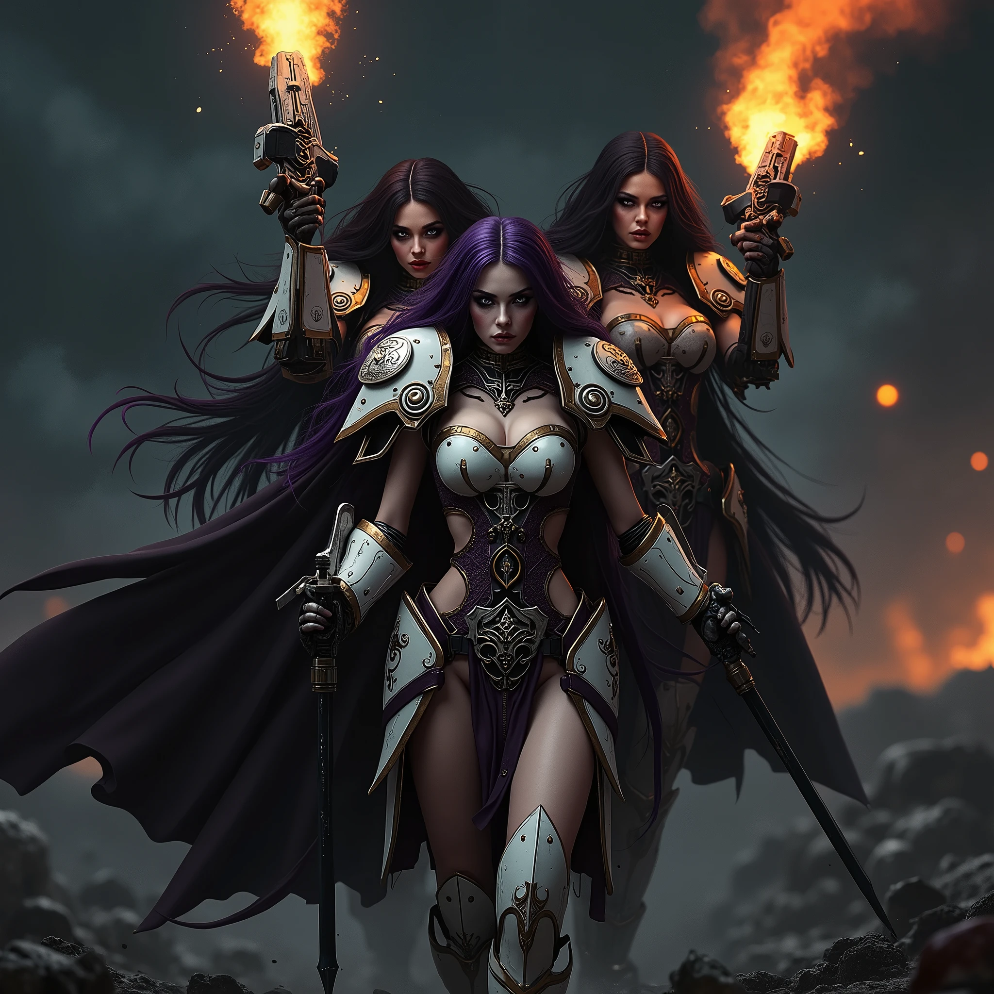 Masterpiece, Best Quality, Official Art, (Highly Detailed CG Unity 8k wallpaper), Detailed background, (Hands by Guido Daniele: 1.1). Full body pose sexy sisters of battle from the warhammer 40k, shooting at the enemy, white armor with intricate details, red armor with intricate details, religous symbols on the armor, sisters of battle, warhammer 40k, Massive silicone breast, pale skin, seductive, temptation, eat your soul, clevage, long flowing black hair with purple highlights, heavy gothic makeup, at night, neon, beautiful detailed eyes, beautiful detailed lips, extremely detailed eyes and face, long eyelashes, highly detailed armor, intricate futuristic weaponry, dramatic lighting, cinematic composition, muted color palette, gritty and realistic, mecha, science fiction, hyper-detailed, photorealistic, award winning digital art, 8k, HDR, masters work, in the middle of a battle field, full body combat action pose, explosions and fire around, full war, stunning, Stilleto heels, high heels, full body pose, cinematic, movie trailer, final stand!, nemesis, ready to strike, dust and debree, combat screams, attacking, shooting at the enemy, running forward, last line of defense, charging, fanatic, religious, templar knights, sisters of battle, warhammer 40k