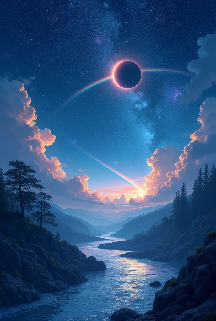 There is a ashy blue night.looking bery magical. A stat is more twinkle. Under the sky there is a amazing river. There is a rainbow near to horizone. It is night. But there is a rainbow. and also a eclips in one side. Its very imaginaty. But look like true.