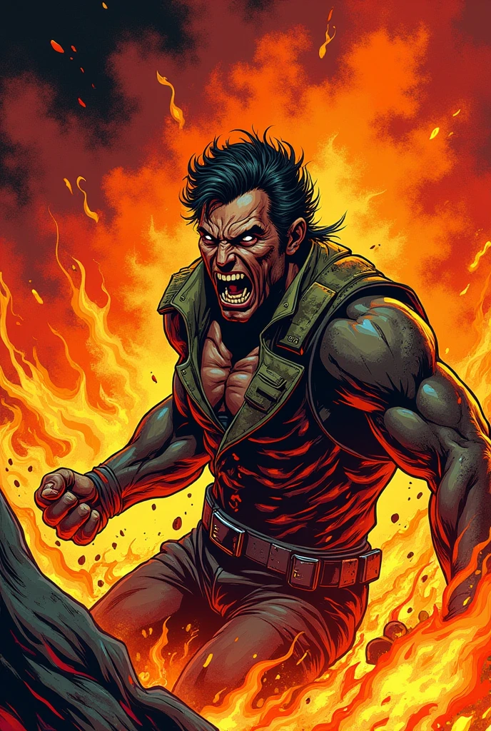 Illustration with 70's comic book style, about angry man at fire burn