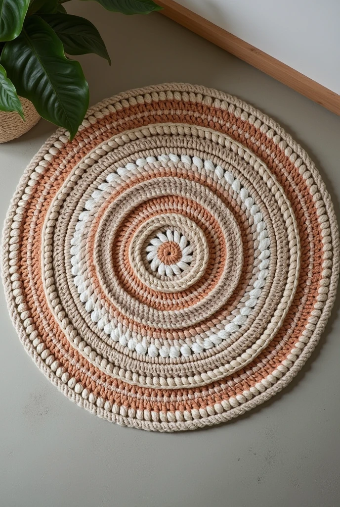 round crochet rug seen from above showing the whole thing