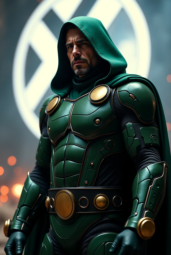 Robert Downey Jr como Dr. Victor Von Doom, with background with fantastic four logo epic wallpaper