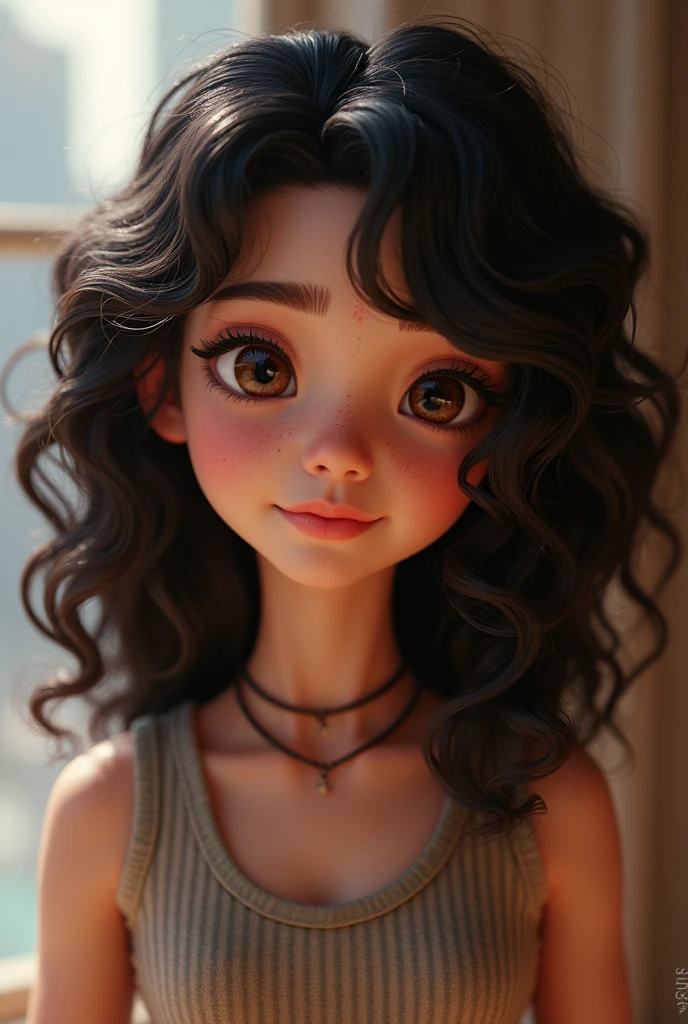 I want a character for my roblox channel with the following characteristics: ,brown dark eyes,black or brown hair,skin fair,long curly hair,and that it is inspired by the game Roblox