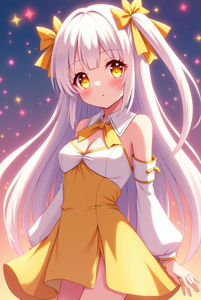 Idol girl. With sparkling yellow eyes, long white hair, with one part of the hair loose and the other part with two boxes in the shape of a star. A yellow and white outfit. The idol has to be anime style and very beautiful. But I dont want it to be vulgar. Estilo ANIME