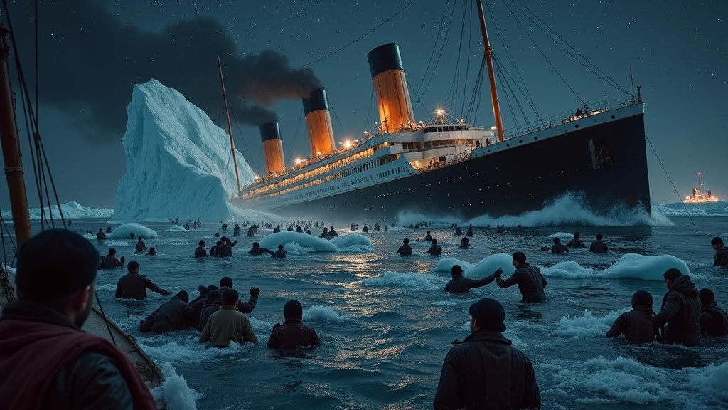 A captivating, dramatic and intense cinematic scene that represents the sinking of a large ocean liner, the Titanic, in icy waters with pieces of isiberg under a dark, starry night sky. The ship is shown at a steep angle, with the stern raised and the bow submerged, emitting smoke from the funnels. In the foreground, countless people are seen submerged in freezing water, clinging to the rubble floating in the dense sea and holding onto each other. The individuals wear 1914 London clothing and have varying facial features and skin tones, with expressions of fear and despair. A huge iceberg looms in the background, emphasizing the catastrophic event. The overall color palette is dark and cool, with deep blues and blacks dominating the scene, in contrast to the warm, bright lights of the ship.
