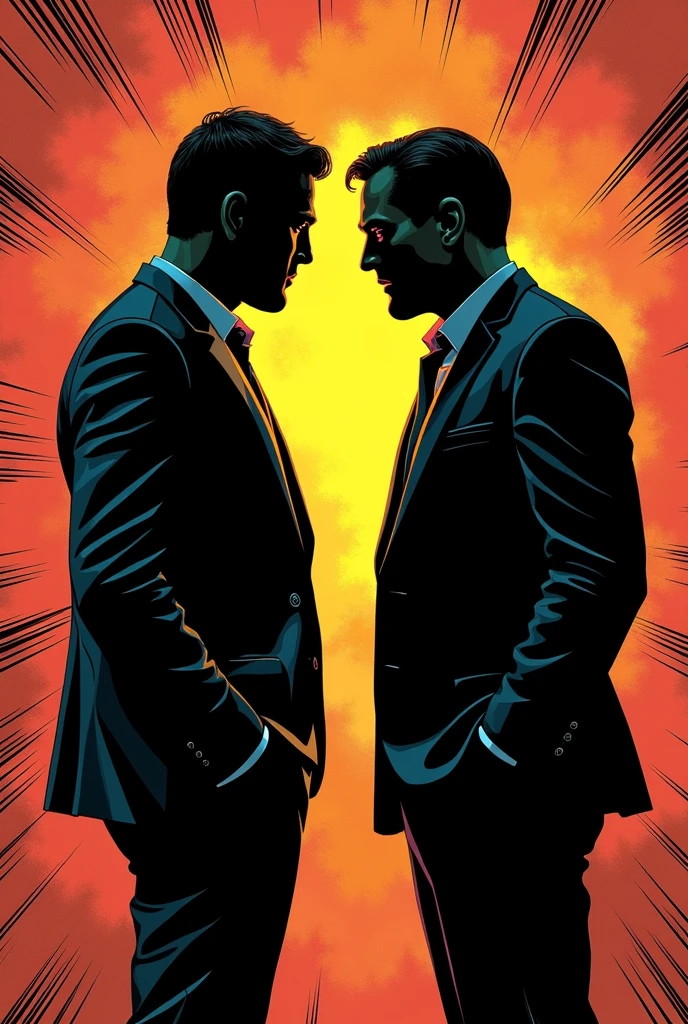 A 2 men standing in front of each other with body colour black we don’t them and background should be like comic style art!