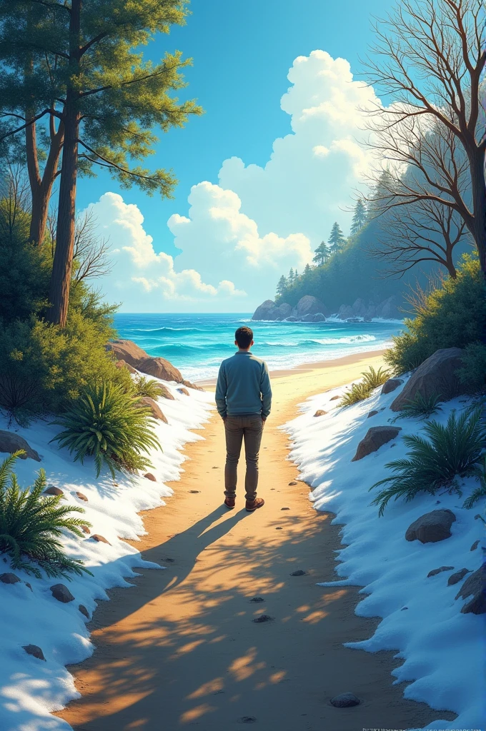 two ways, the path on the left that leads to the beach and the path on the right that leads to the snow