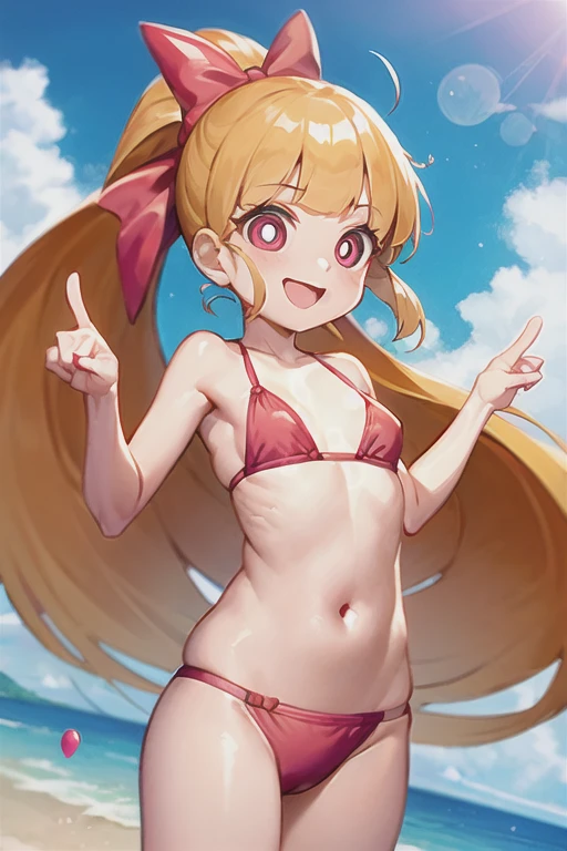 1girl, ppgzmmk, long hair, blonde hair, hair bow, blunt bangs, ponytail, red eyes, bright pupils, (FOCUS WEAR RED BIKINI ), jumping, smile, looking away, beach 