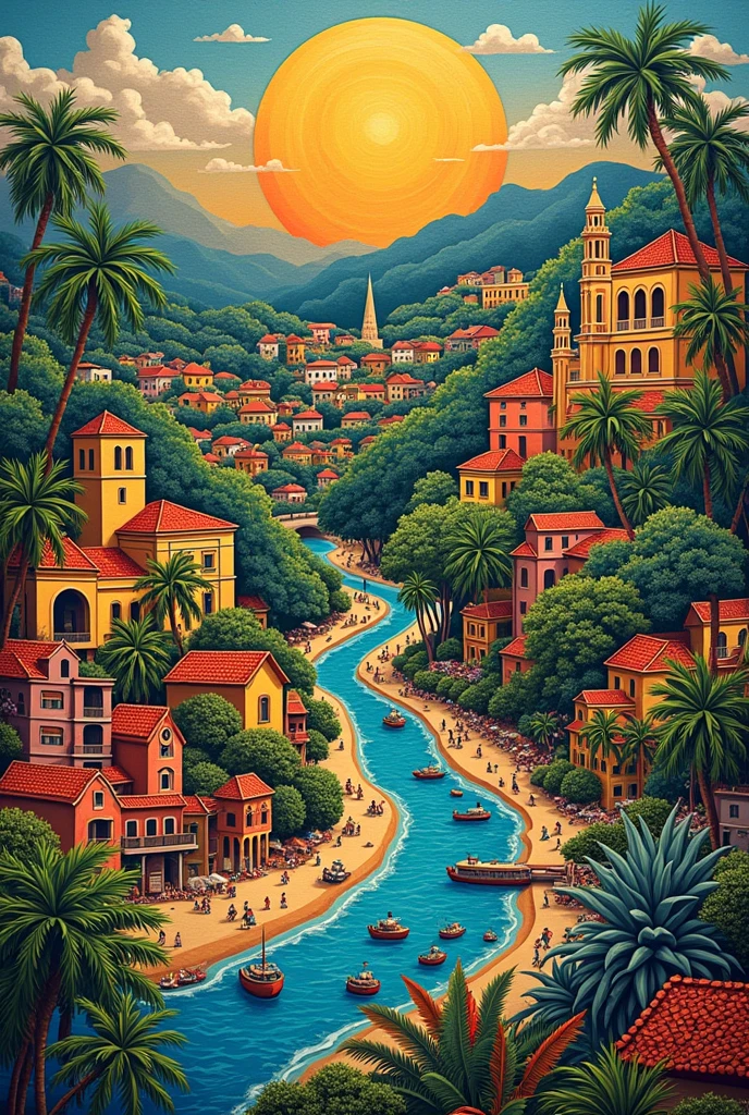create a woodcut art that features the tourist attractions and economy of northeastern Brazil