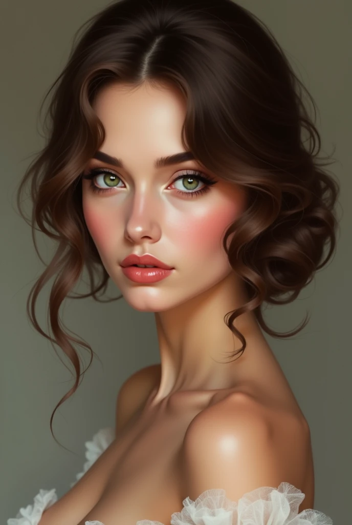 Elegant portrait of a woman with brown, subtly shaded, curly hair and green eyes, featuring a seductive gaze. Her face is smooth, silky, and oval-shaped