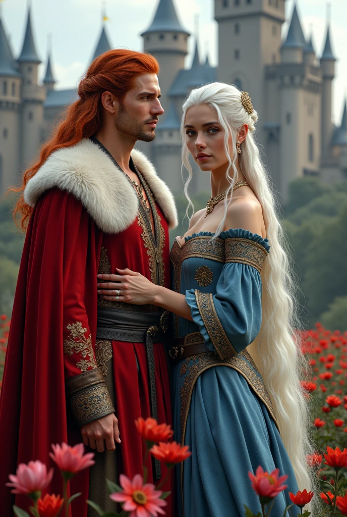 Fantasy, retro, The Middle Ages, the Polish-Lithuanian Commonwealth, red blue flowers, the 16th century, a man and a woman next to each other. The man is attractive, has long red scarlet hair, looks like Tom Cruise, in a caftan with fur trim. A beautiful woman with long white hair, a face similar to Daenerys in the princely attire of the queen, a castle in the background, hd