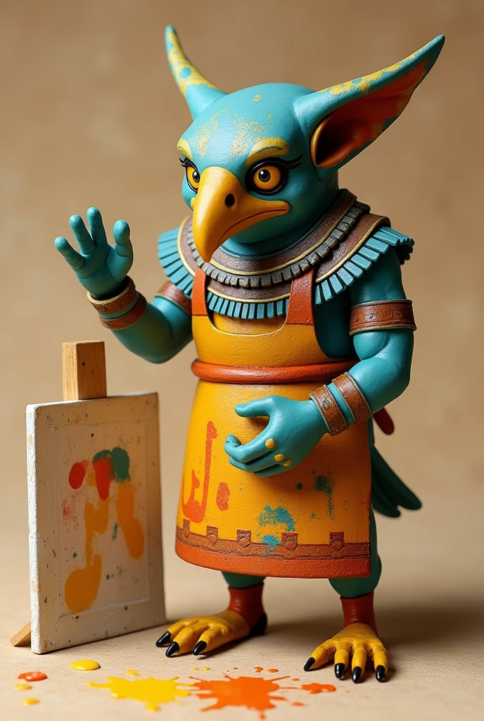 Make an art toy of Ra with a painter&#39;s apron who is frustrated because the paint fell off, put a canvas next to it 