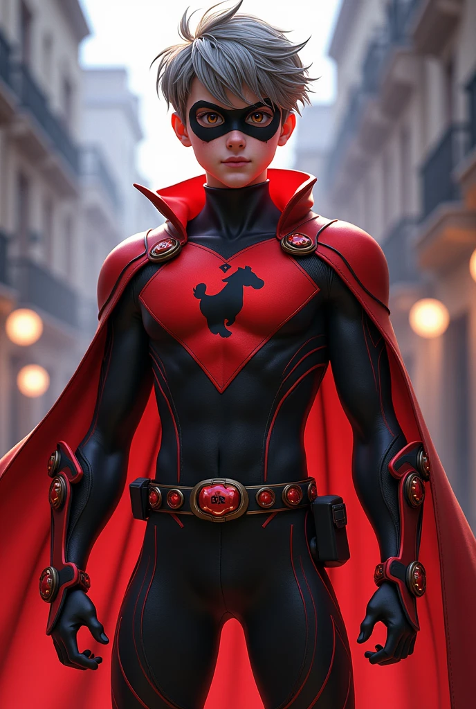 Teenage handsome boy with grey and brown hair and hanzel eyes with horse superhero suit miraculous and with mask on his face  from miraculous ladybug and chat ????