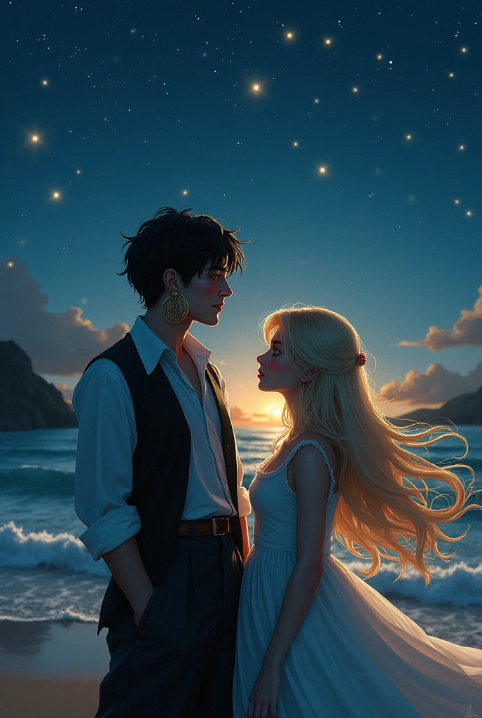 Generate an image of a gypsy boy with hoop earrings, next to a blonde girl from behind in front of the sea on a starry night