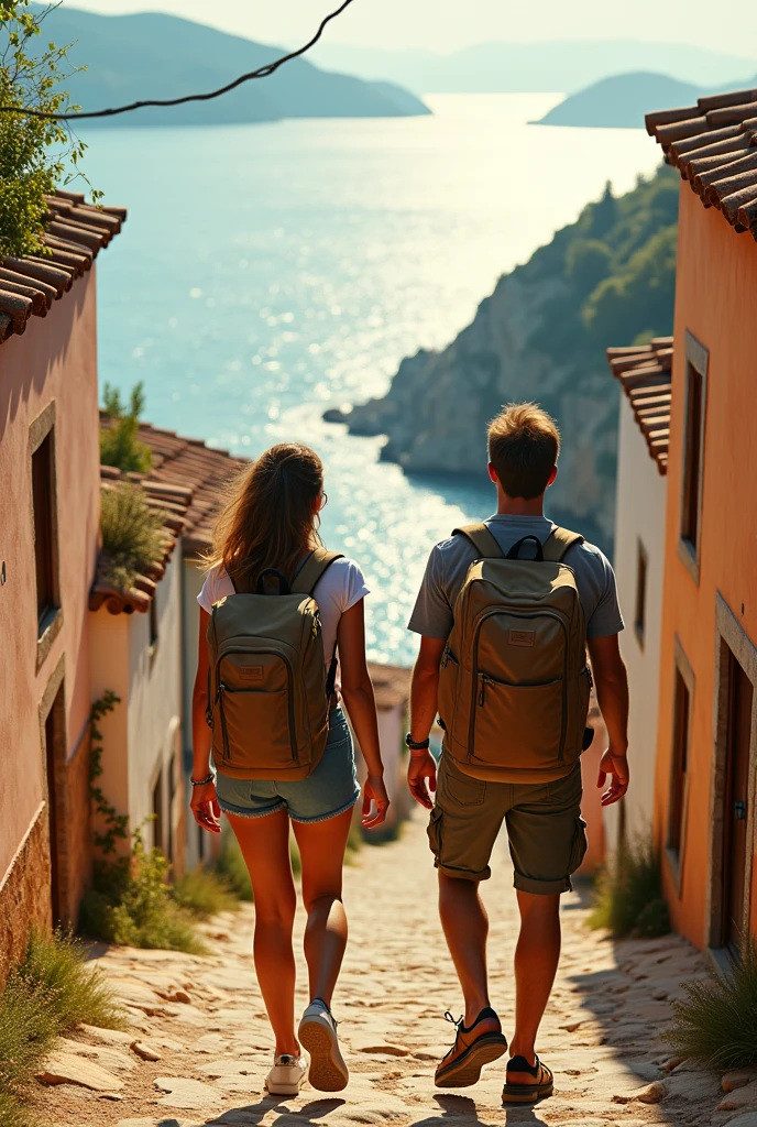 Generate the image of a middle-aged couple, “traveler style”, each with “a large travel backpack” on their back, with “euro notes falling out of the backpacks”. In the background, a very pretty little town, on the edge of a beautiful beach. A photographic style image, photo realistic.