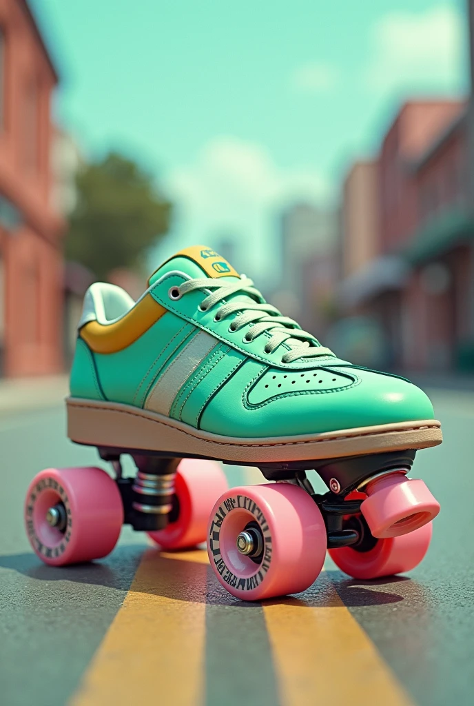 An 80s style shoe, with pastel shades like green and lead, low reed. Leather and suede materials, with an urban background, that the image looks like an advertisement from the 80s in shades. Side wheels as an accessory and turn them into skates
