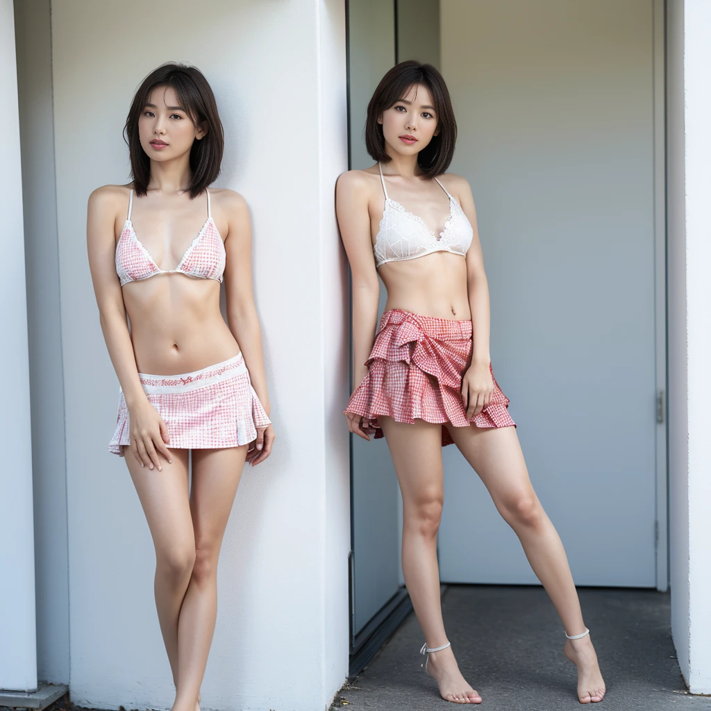 (High resolution、8k),1 person,Cute Japanese,( Normal arm and arm:1.4,Correct palm:1.4),(Big and bold slits:1.4,White lace fabric:1.3,High Cut,Sexy Micro Bikini:1.4) ,(Red checked mini skirt:1.5),knees,(Standing on a white sheet:1.5,Show me your whole body:1.4,ankle:1.4),Telephoto lens camera、Looking into the camera、(Large Breasts:1.2)、Thick and glossy lips、Kind eyes ,belly button,(Light brown hair,Layered Haircut), barefoot ,Very realistic,Healthy skin with visible tan lines,Moderate abs，Arms are lowered，(I can see your crotch:1.5)