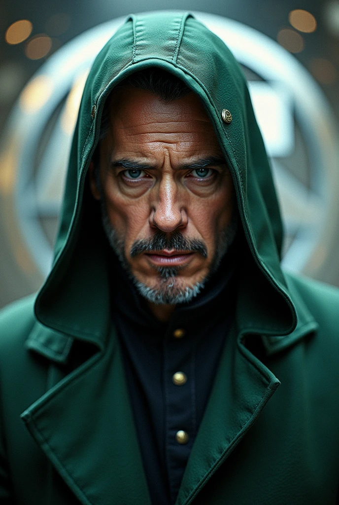 Robert Downey Jr como Dr. Victor Von Doom, Staring at me, with background with fantastic four logo epic wallpaper