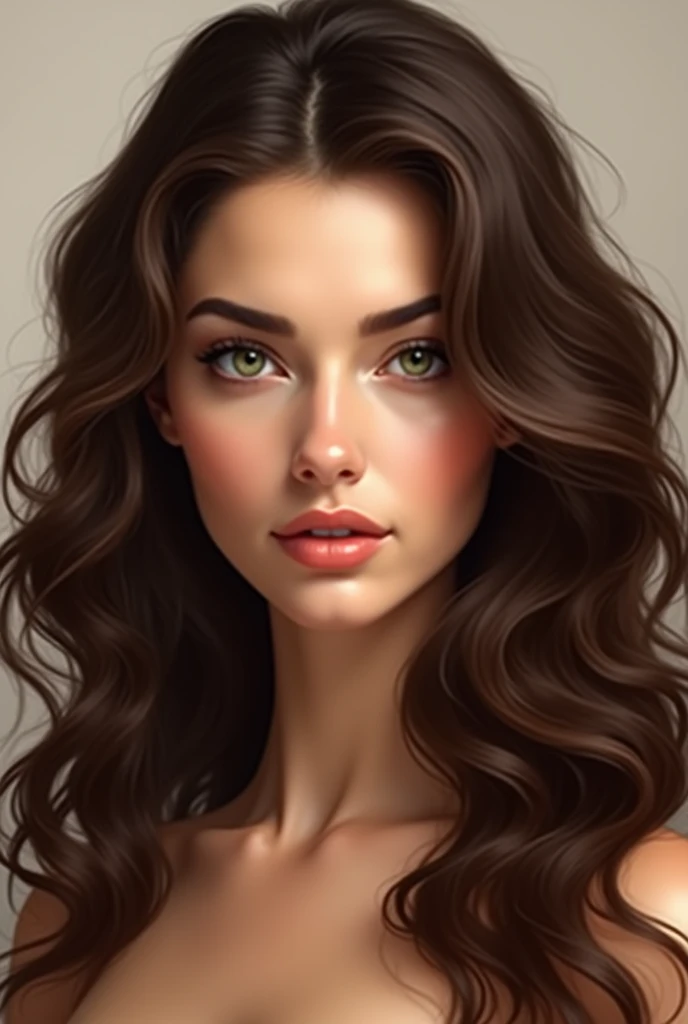 Elegant portrait of a woman with brown, subtly shaded, curly long hair and green eyes, featuring a seductive gaze. Her face is smooth, silky, and oval-shaped