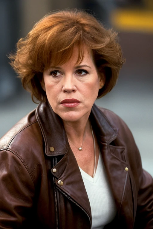 Fifty-six-year-old Molly Ringwald, frowning, wearing brown leather jacket and jeans, wielding a pump-action shotgun, extremely realistic, extremely detailed, extreme realism, extreme detail, extremely accurate resemblance, cinematic, Cannon Films vibes, urban setting, vigilante, realistic gun design, Death Wish vibes, 12-gauge shotgun, poster for action film