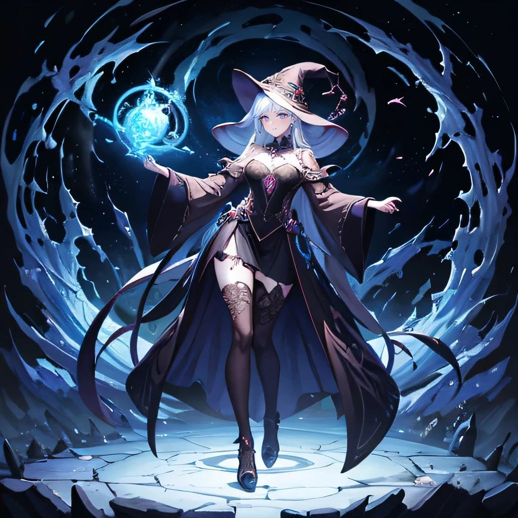 A detailed and vibrant full body portrait of a human witch, pale face, casting arcane spells, necromancer, anrcane energy Style cartoon medieval serious with sharp details. Elden ring style. 4k. Masterpiece, Best Quality, flat