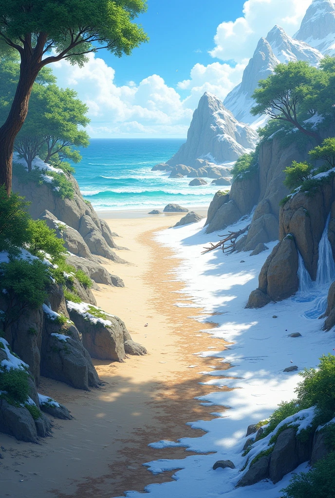two ways, the path on the left that leads to the beach and the path on the right that leads to the snow, the paths must be separate and both landscapes too