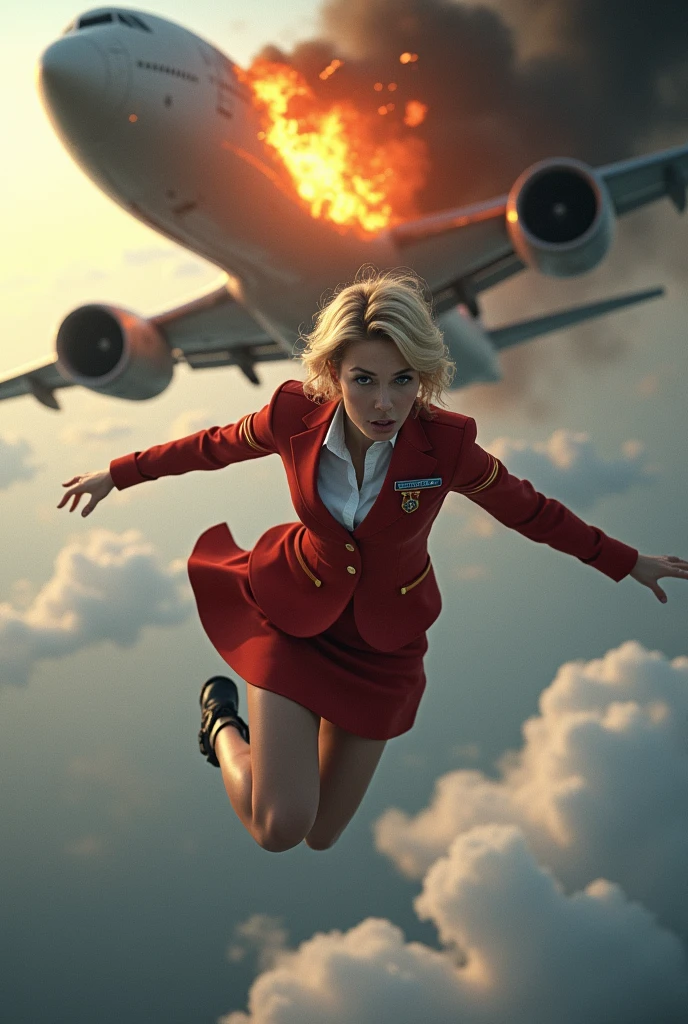 blonde woman with short hair in a flight attendant outfit falling from a plane in mid-flight and large plane catching fire in the back without a part of the tail image in rectangular format