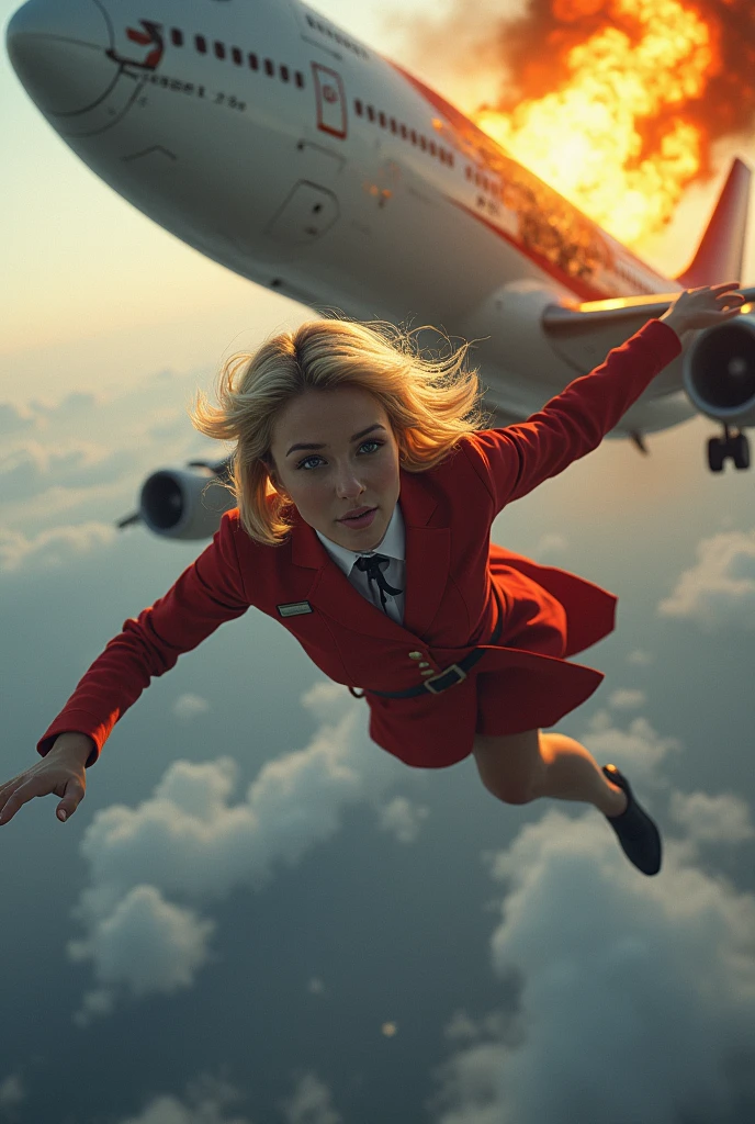 blonde woman with short hair in a flight attendant outfit falling from a plane in mid-flight and large plane catching fire in the back without a part of the tail image in rectangular format