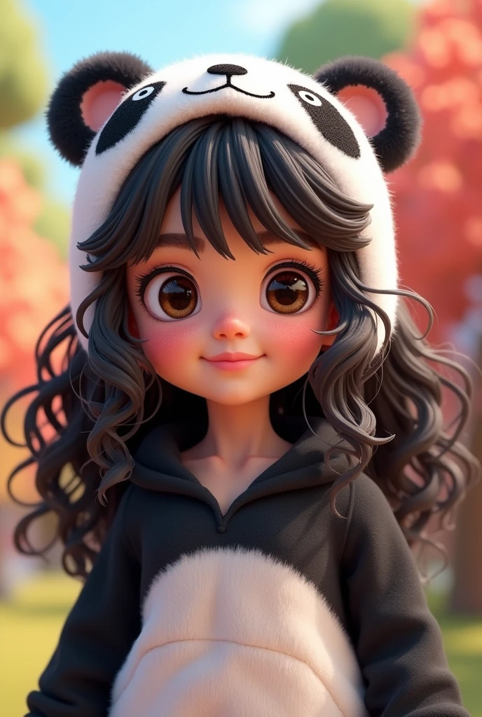I want a character for my roblox channel with the following characteristics: ,brown dark eyes,black or brown hair,skin fair,long curly hair,she has to be an ,and in a panda outfit