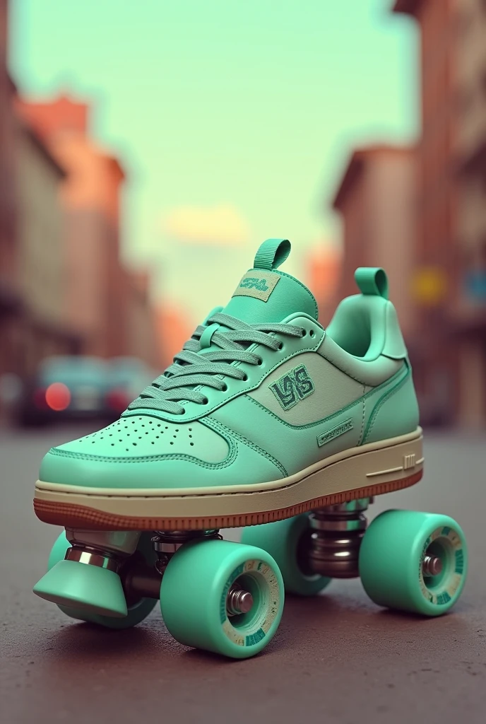 An 80s style shoe, with pastel shades like green and lead, low reed. Leather and suede materials, with an urban background, that the image looks like an advertisement from the 80s in shades. On the side, wheels of the same tone as an accessory and turn them into skates
