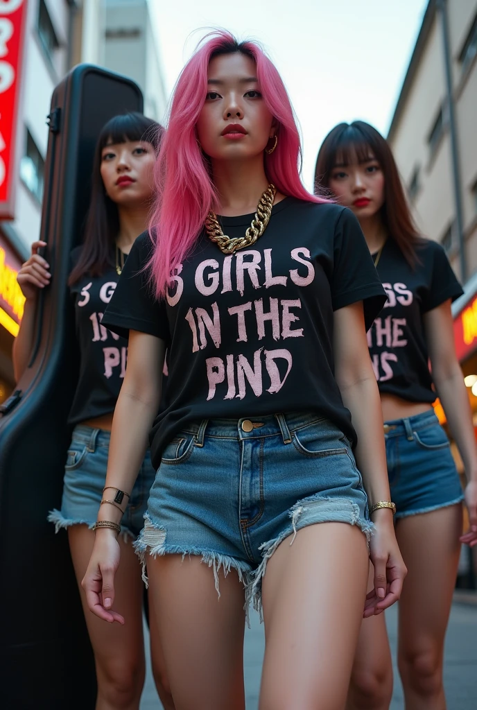 Adult video poster、「Girls in the band」「ShockingＡＶdebut！」character、(((Japanese woman carrying a large black guitar case))), 2 mujeres adultas Wearing a black t-shirt de cuello redondo con grandes letras inglesas en el pecho y pantalones vaqueros cortos azules posando para una foto, actriz porno de big breasts, dynamic pose, model posing for a rock magazine, unimaginably beautiful woman with thin curves, Japanese female fashion model, (((very bright pink hair))), happy, thick jewelry chain around the neck and arms, (((in front of a striptease theater in Asakusa))), a pure and beautiful smile, smart face, thin curves, big breasts, Wearing a black t-shirt, a very small leather jacket, denim shorts, (((extremely low angle))), zero, building, carrying a black guitar case with a guitar strap attached