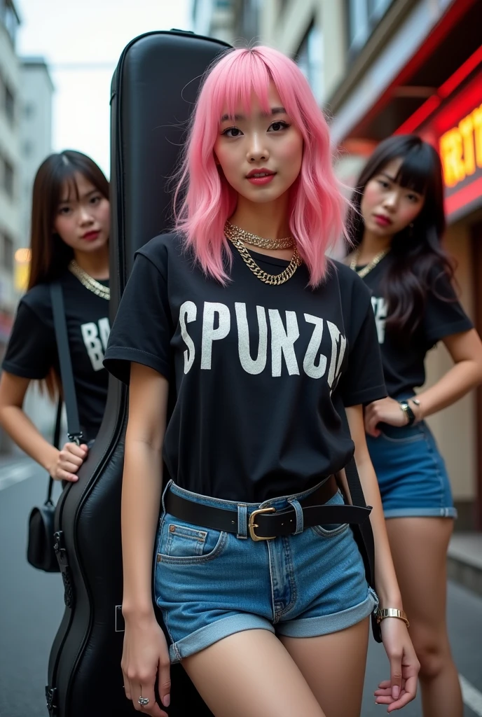 Adult video poster、「Girls in the band」「ShockingＡＶdebut！」character、(((Japanese woman carrying a large black guitar case))), 2 mujeres adultas Wearing a black t-shirt de cuello redondo con grandes letras inglesas en el pecho y pantalones vaqueros cortos azules posando para una foto, actriz porno de big breasts, dynamic pose, model posing for a rock magazine, unimaginably beautiful woman with thin curves, Japanese female fashion model, (((very bright pink hair))), happy, thick jewelry chain around the neck and arms, (((in front of a striptease theater in Asakusa))), a pure and beautiful smile, smart face, thin curves, big breasts, Wearing a black t-shirt, a very small leather jacket, denim shorts, (((extremely low angle))), zero, building, carrying a black guitar case with a guitar strap attached