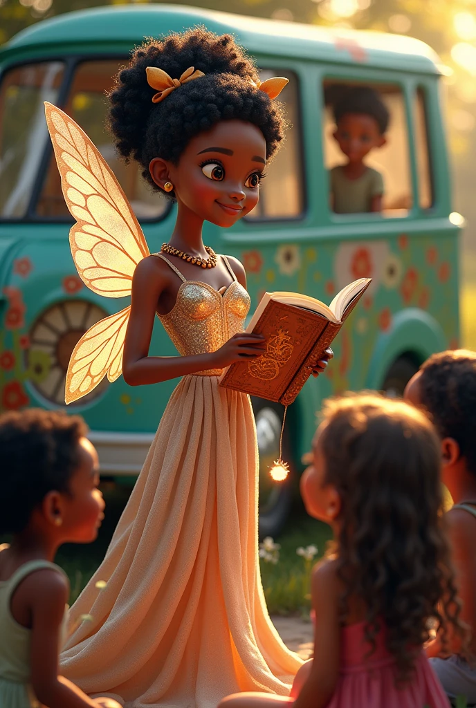 A black woman dressed as a fairy in front of the fairy's van, with a wand in his right hand and a children's storybook in his left hand, with several children sitting around paying attention to the story the fairy is telling