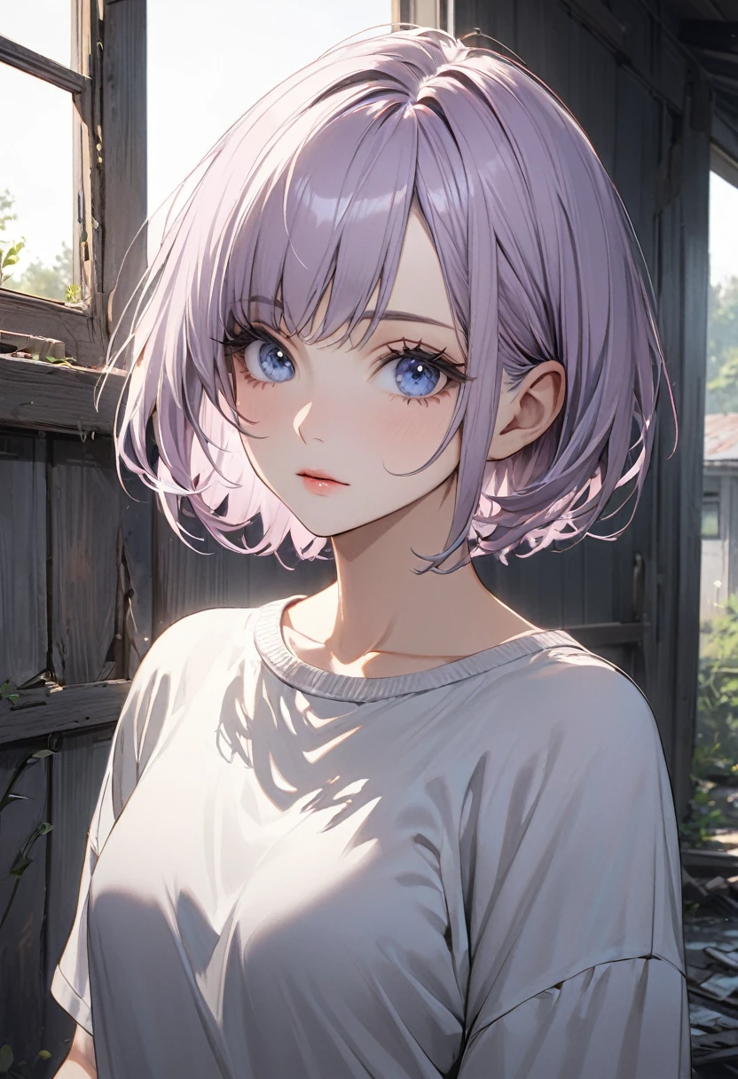((best quality)), ((Masterpiece)), (details), Young woman, alone, ( light purple hair, blue eyes, ((short hair)) , beautiful face, Beautiful skin, Long eyelashes, Thick eyelashes) , Wear casual clothes, Abandoned house, Dark tones