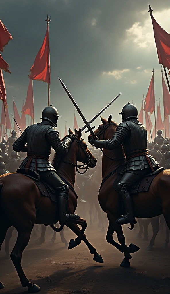 The image is a digital illustration of a battle scene. It shows a group of men on horseback, engaged in a fierce battle. The men are dressed in medieval armor and helmets, and some are holding swords and shields. The background is filled with a large crowd of people, all of whom appear to be soldiers. The sky is dark and cloudy, suggesting that the battle is taking place at night. The overall mood of the image is tense and intense.