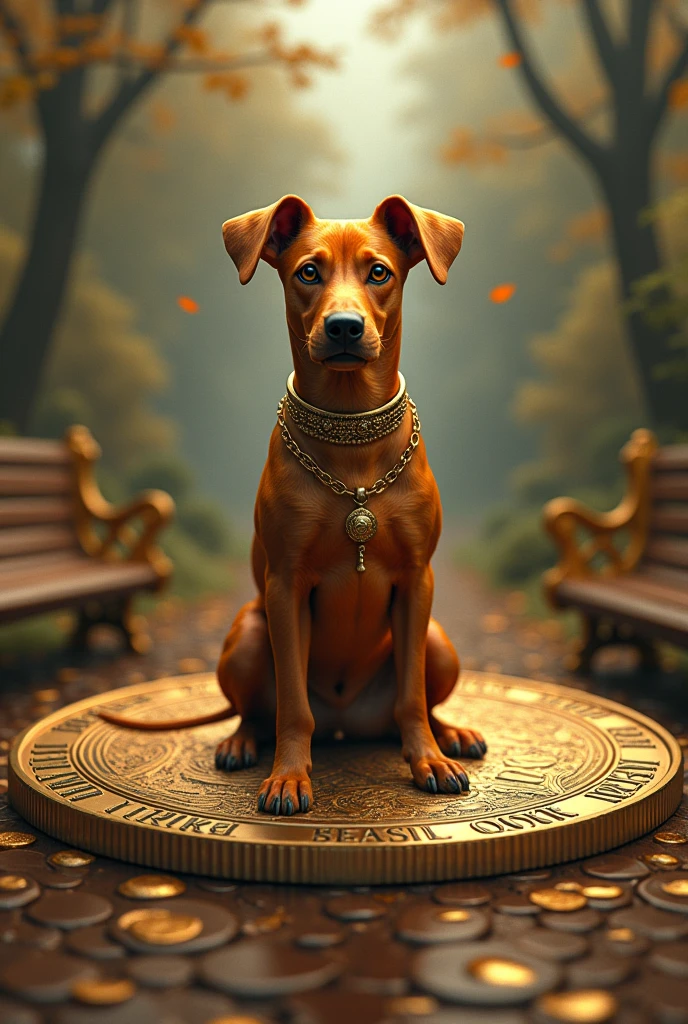 a caramel colored dog, gold tone around, moeda completa On a bench, no names, com desenhos que lembre o brazil ou a moeda Real, currency name $RECHARGE, dog in the center of a coin, In gold, using a tie and suit as traditional currencies, president of brazil,crypto currency is about meme coin, bitcoin similar to bitcoin currency, brazil, surreal, brad, photo realist, I can't believe it's real, 🪙💸🇧🇷, brazil, jeneral, design in the center of a round gold coin with shiny details, On a bench, treasure chest, maney, Grana, surreal coin, exclusivo