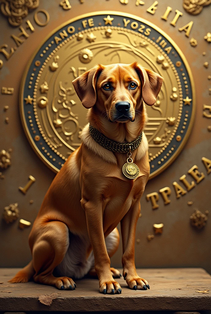 a caramel colored dog, gold tone around, moeda completa On a bench, no names, com desenhos que lembre o brazil ou a moeda Real, currency name $RECHARGE, dog in the center of a coin, In gold, using a tie and suit as traditional currencies, president of brazil,crypto currency is about meme coin, bitcoin similar to bitcoin currency, brazil, surreal, brad, photo realist, I can&#39;t believe it&#39;s real, 🪙💸🇧🇷, brazil, jeneral, design in the center of a round gold coin with shiny details, On a bench, treasure chest, maney, Grana, surreal coin, exclusivo 