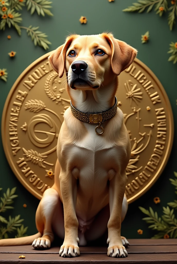 a caramel colored dog, gold tone around, moeda completa On a bench, no names, com desenhos que lembre o brazil ou a moeda Real, currency name $RECHARGE, dog in the center of a coin, In gold, using a tie and suit as traditional currencies, president of brazil,crypto currency is about meme coin, bitcoin similar to bitcoin currency, brazil, surreal, brad, photo realist, I can&#39;t believe it&#39;s real, 🪙💸🇧🇷, brazil, jeneral, design in the center of a round gold coin with shiny details, On a bench, treasure chest, maney, Grana, surreal coin, exclusivo 