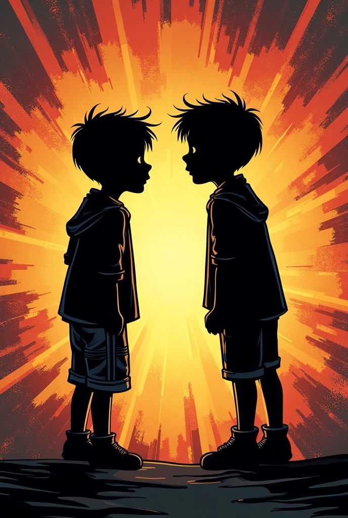 A 2 boys standing in front of each other like going to fight their whole body colour black we don’t see them and background should be like comic style art!