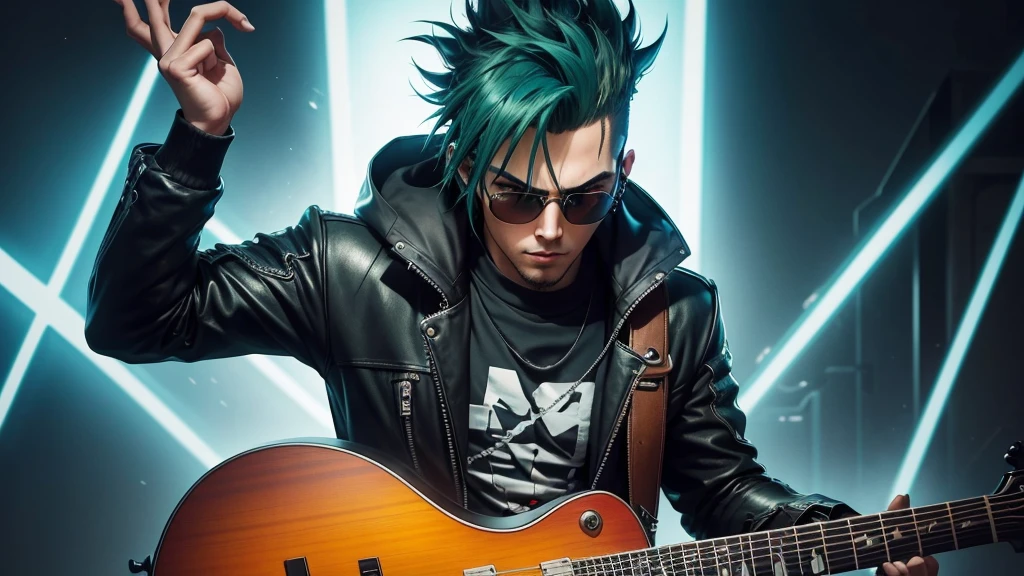 best qualityer) (Extra High Definition) green mohawk hair with mask, estilo dark, Blue details of black outfit, looking at you, Guitar in hand, stage band, Draw a high definition anime style scene (Full HD) which depicts a character with a mohawk, green mohawk style, playing a red electric guitar in a style similar to the game "guitar hero". The character, wearing sunglasses, must be in a dynamic and exciting pose, with your eyes focused on the screen in front of you. The surrounding landscape should be vibrant and full of energy, with flashy visual effects to represent the intensity of the music. The character deve estar imerso na música, displaying expressions of concentration and emotion while mastering the notes. Os espectadores, se houver, can be shown briefly on the sides, reacting to performance with enthusiasm. The general atmosphere should convey the excitement and fun of the moment., with a background that refers to the cyberpunk style, with highlighted futuristic and neon elements.  background Imagine a photograph of a teenager&#39;s bedroom that embodies the essence of gothic and rock aesthetics. The image is taken in an atmospheric and dimly lit style., with deep shadows and warm golden lighting. the room is a mixture of chaos and order, with battery, guitars and amplifiers scattered throughout the space. to bed, a black monstrosity with a metal frame, 