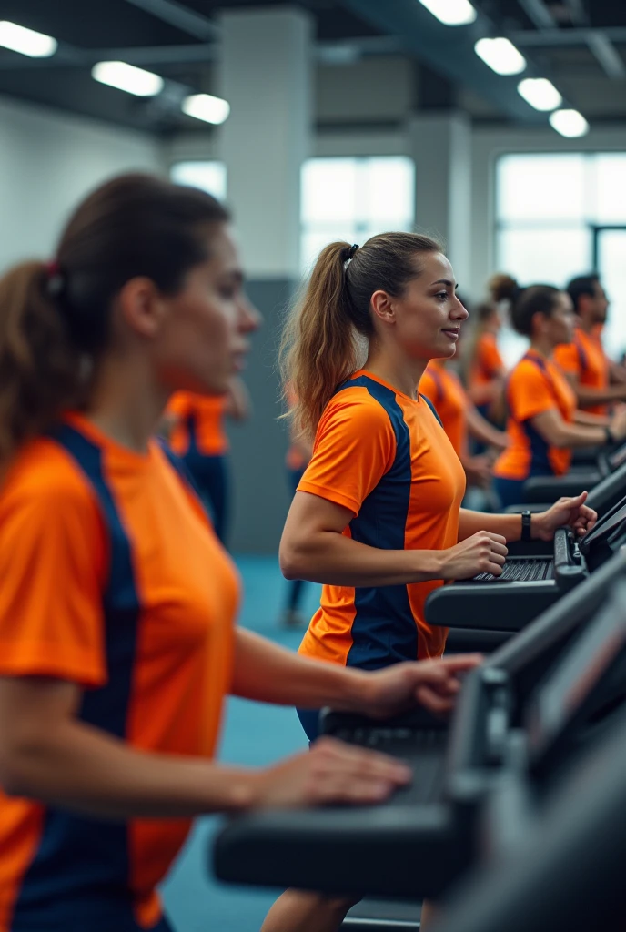 produce an image with a gym full of people working out and running on the treadmill in orange and navy blue t-shirts
