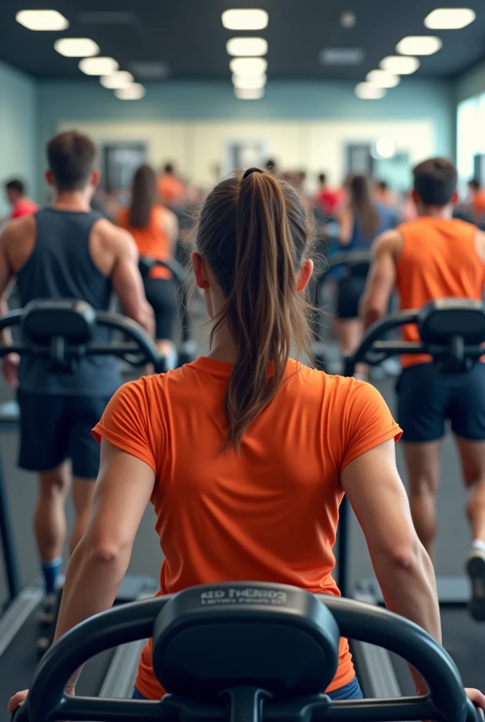 produce an image with a gym full of people working out and running on the treadmill in orange and navy blue t-shirts