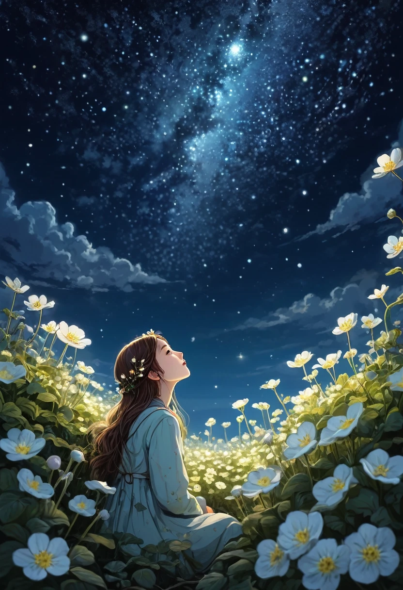 In the moonlight、A girl wearing a crown of evening primroses on her head、Looking up at the night sky。A group of evening primroses surround the girl.、A fantastic space spreads out。An illustration、Dreamy atmosphere