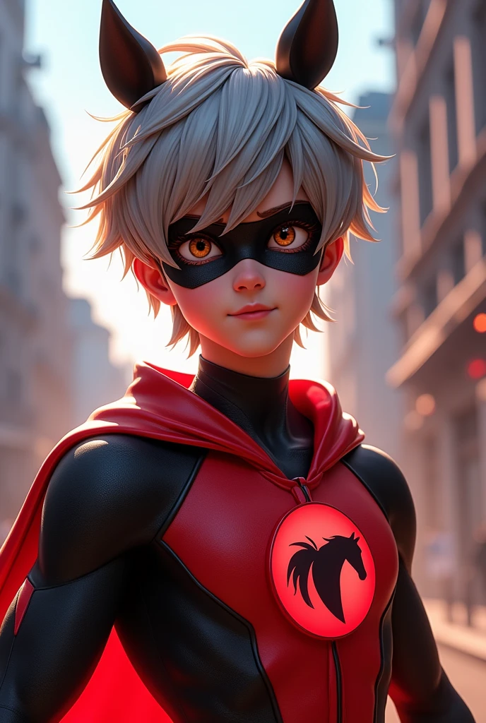 Teenage handsome boy with grey and brown hair and hanzel eyes with horse superhero suit miraculous and with mask on his face with horse sign on his chest from miraculous ladybug and chat noir