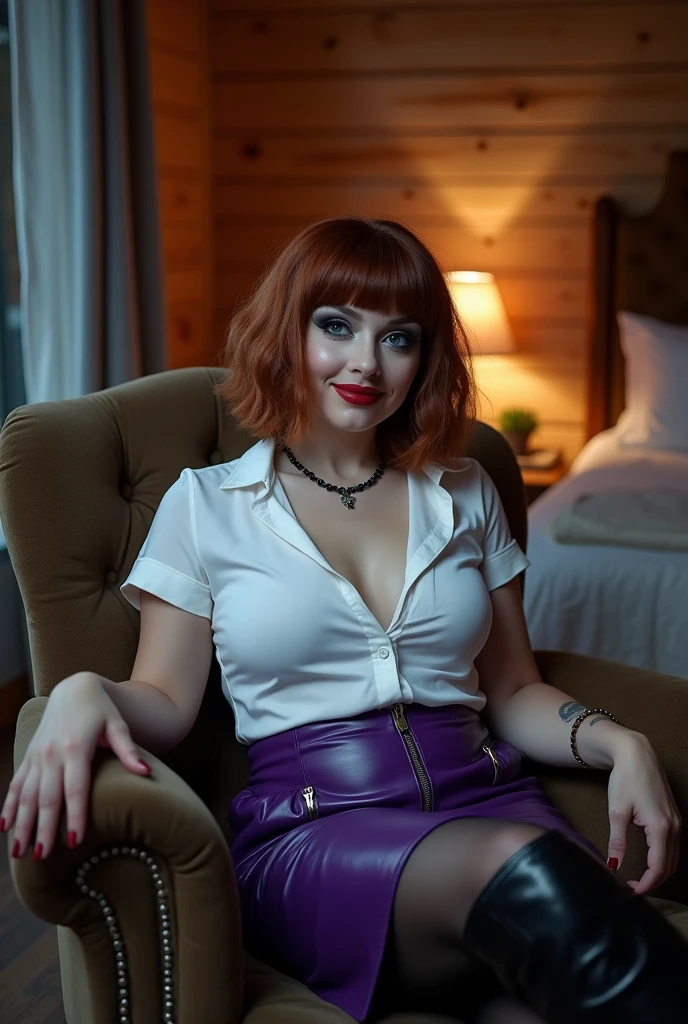 professionally color graded photograph. tall. busty. English woman. in her mid 30s. (white pale skin). auburn bob cut wig with bangs. (heavy goth style makeup). black eyeliner. heavy smoky eyeshadow. deep blue contact lens eyes. (black rectangle frame eyeglasses). long glamour eyelashes. cherry red glossy lipstick. Wearing white short sleeve tight fitted dress shirt with pockets. partially unbuttoned. cleavage. bodycon purple leather mini skirt.. dark pantyhose. ((wearing Black leather thigh high, high heel boots)). very tall boots. Sitting in armchair. back straight. legs crossed. arms on armrest. next to bed in bedroom of cozy knotty pine mountain house in France. Foggy night. ambient light. eye contact. smiling in greeting. eye level POV