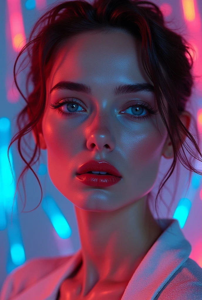 (close), Portraiture, Portraiture, (alone), masterpiece, Highest quality, Clothes with strong contrast, psychedelic, [[[lsd]]], particle, bloom, Neon lighting, (Shine), Flat Color, Splashes of color, Mixing colors Russian mature model has a strong, angular jawline that could cut glass. High cheekbones that stretch out into a sharp point, framing her eyes perfectly. Her nose is straight and slightly upturned at the tip, adding character to her face. Her lips are full and pouty, often painted with a shade of red that screams confidence. Her complexion is flawless, smooth as silk. Her eyes are captivating; they hold stories of experiences far greater than most people could imagine. They're almond-shaped and framed by thick, dark lashes. The model has a prominent forehead, giving her a regal air. All these features come together to create a stunningly beautiful face that demands attention wherever she goes