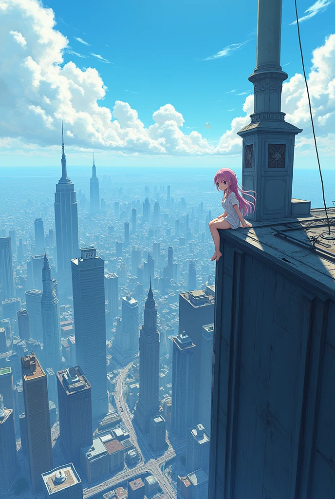 official art, masterpiece, sharp focus, (beautiful gorgeous cute Korean woman:1.3), (beautiful cute korean:1.3), korean beauty, Delicate and beautiful hair and eyes and face, realistic, ultra detailed, beautiful girl, blue sky, glow white particle, (sidelighting:1.2), sun light, white cloud, detailed clouds, slender, Lovely very large breasts and very large hips, smile with teeth, ((smile with eyes, open both eyes)), scenery, long straight hair, sexy facial expression, building, (cityscape:1.7), dynamic hair, long straight hair, detailed platinum pink hair, glow blue eyes, (blue pleated shirts + white skirt), white long socks, pale skin, hair ornament, epic scenery,