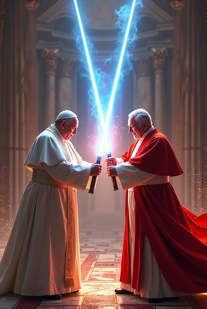 Pope Francis lightsaber fighting Pope Benedict